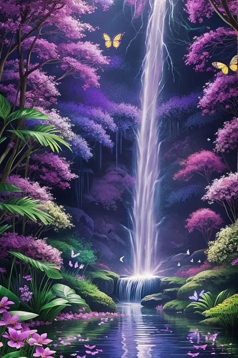 Create a magical purple waterfall with butterflies and birds