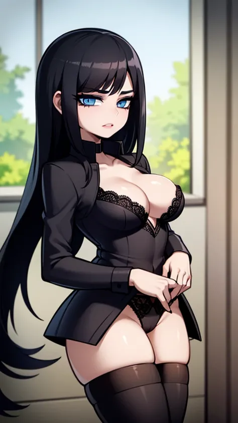 A girl with long black hair and blue eyes with makeup, full lips while wears black lingerie