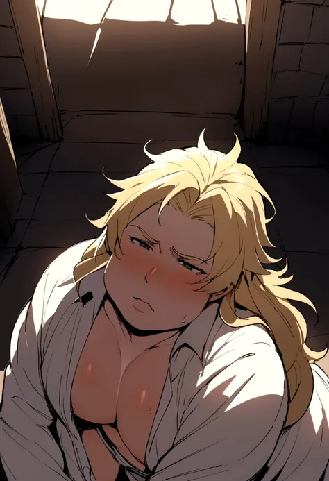 best quality, masterpiece, chubby man with blond hair, looks like laios touden, dungeon meshi, sexy, gay, homoerotic, extremely dramatic shadows, romantic atmosphere, perfection