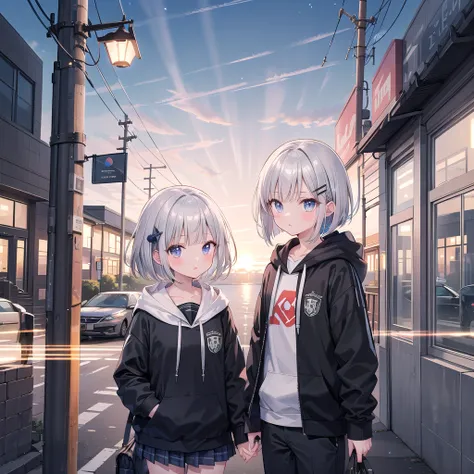 Highest quality、masterpiece、（2 people）、(A girl with bright silver short bob hair,hairpin)、（Man with black hair wearing a hoodie）、glint,（School,On the way home from school）,evening,
