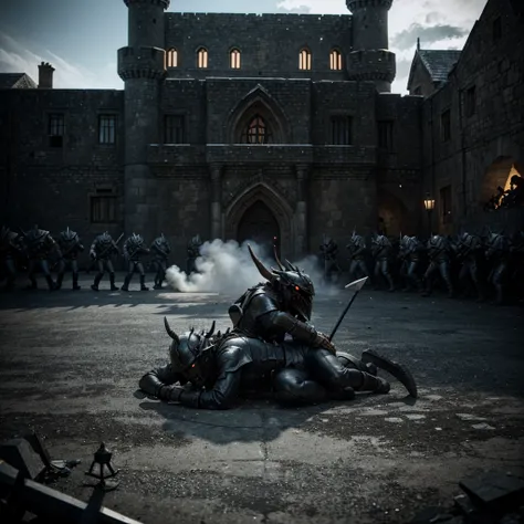 Battle scene outside the castle with hordes of 3D demons.