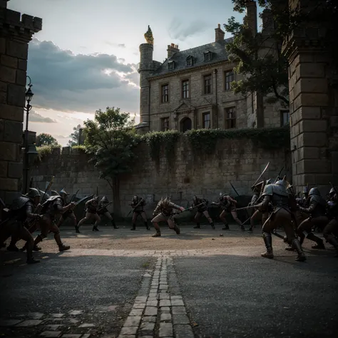 Battle scene outside the castle with hordes of 3D demons.