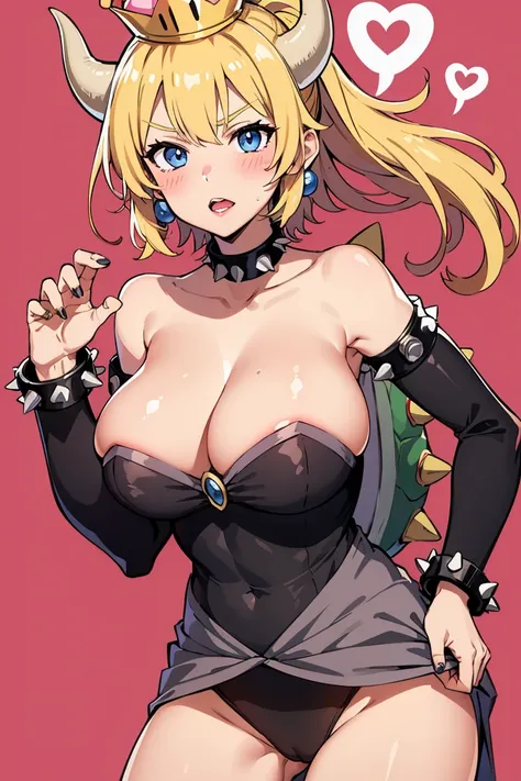 best quality, high resolution, large breasts, blonde hair, blush, embarrassed, cowboy shot, looking at viewer, bowsette, pink lip