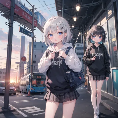 Highest quality、masterpiece、(A girl with bright silver short bob hair,hairpin)、（Man with black hair wearing a hoodie）、（School,On the way home from school,evening,）
