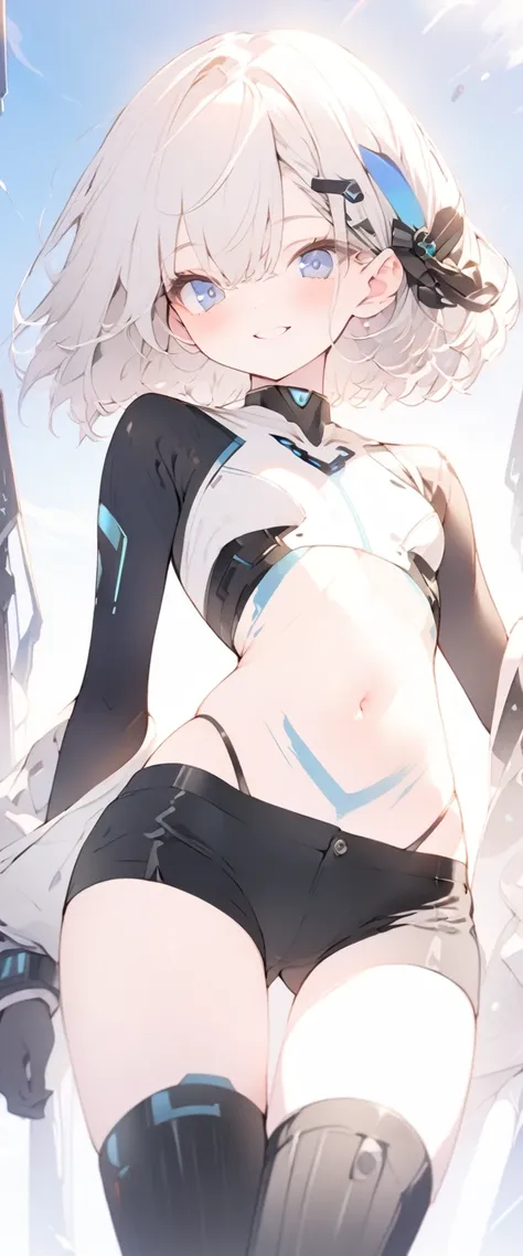 beautiful, masterpiece, Highest quality, anime, One girl, C Cup,Portrait Shot, View your viewers, Covered、Short Hair、nearby、Blue Eyes、art、、White hair,Blue streaked hair、wallpaper、hairpin、Cute smile、Thighs、navel、Sci-fi hair accessories、Sci-fi knee-high boot...