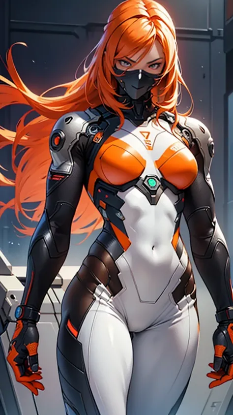 Beautiful cybernetic girl detailed muscles realistic masterpieces full figure pose (best quality,ultra-detailed), lite orange hair, fair skin, fit body, slim figure, narrow waist, large buttocks, (cocky expression), wearing a carbon fiber nano battlesuit