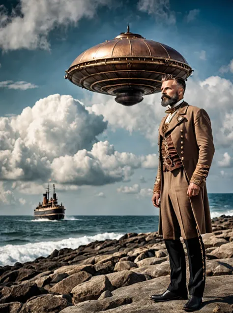 photo focus on male focus, outdoors by the sea, realistic scenery, (captain nemo:1.1), cloud buster, UFO disk in the sky, steampunk nautilus-style. very wide shot, character photo portrait, film, professional,