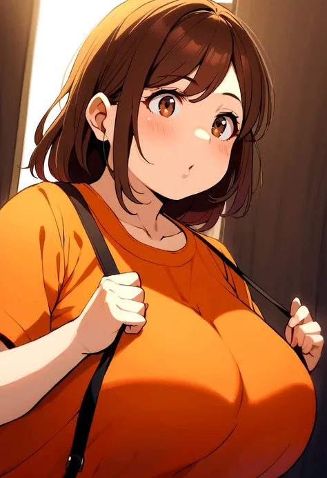 40 years old girl, short brown hair, brown eyes, chubby, blue 2-strap worker shirt, orange t-shirt inside.