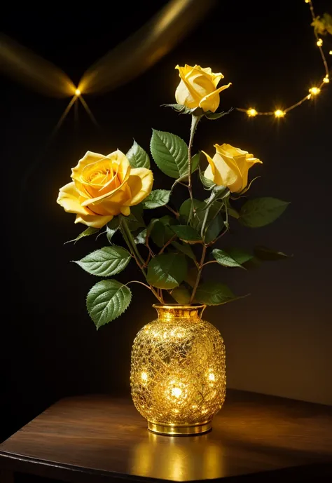 
Create a bud of dark gray and gold roses filled with yellow light emanating all around
