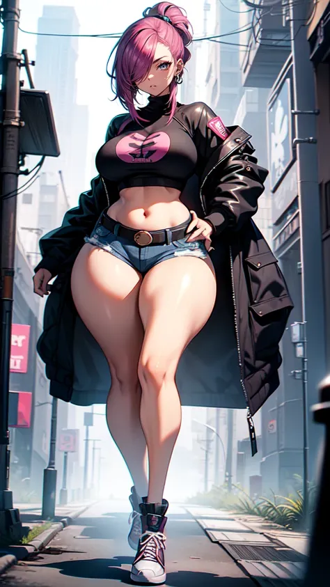 (blank background), (((full body framing))), standing, (masterpiece), (best quality), huge girl, (muscular girl:0.8), (thin hair:1.7), (long blue jeans), massive breast, hair over one eye:1.4, sport bra, (fuchsia hair), belt under navel, sneakers, ((long l...