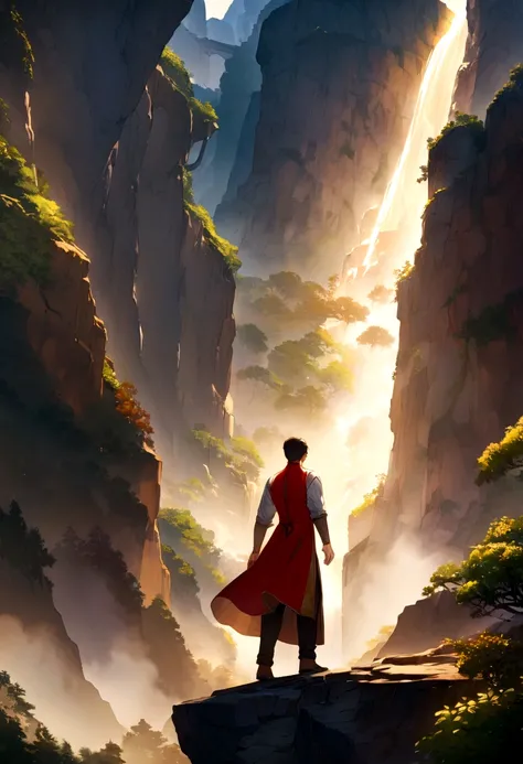 Highest quality、detailed、8K、1 adventurer、On a cliff、The legendary red Chinese dress hanging on a hanger、The hero falls with his hands outstretched、