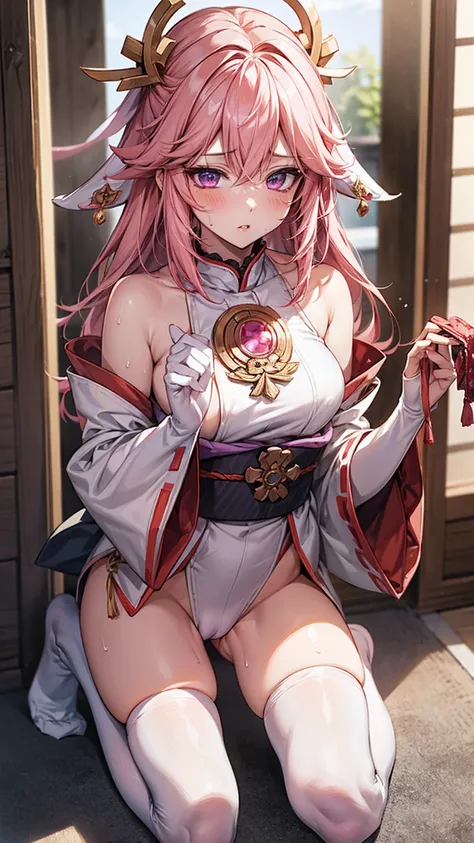 One Girl， （Urzan-6500：0.7）， K-POPアイドル， yae miko， ， Exposed bare shoulders， Pink Hair， Long white hair， Japanese Clothing， The best quality in the best condition， （da pintura：1.5）， （hair ornaments：1.35）， gem， Purple eyes， 耳Nipple Ring， ， Written boundary de...