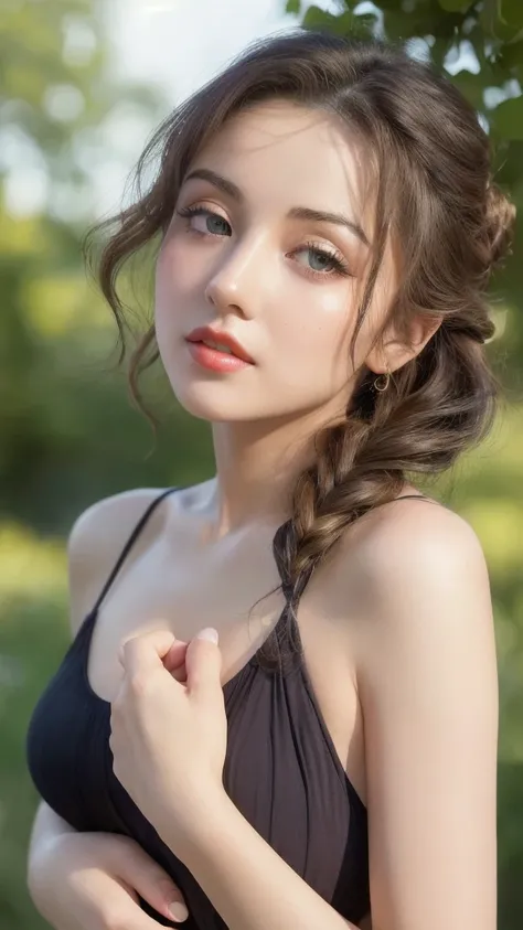 masterpiece,best quality,higher, Super sexy super cute Japanese girl、Hot, erotic and sexy lips、Big eyes、Drooping eyearilyn (;Marilyn Monroe face)、ASİAN,(brown race),dark skin,Dark brown, loosely wavy long hair,、Twin tails、To the bun、1girl,NDGE、Super big、se...