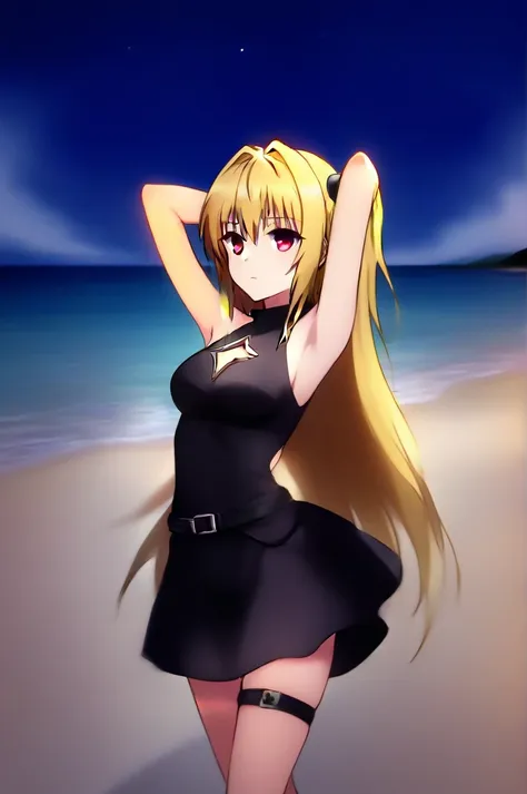 konjiki no yami, high quality, solo, 1girl, night sky, beach, arms behind head, (contrapposto), closed mouth, spread armpits, (c...