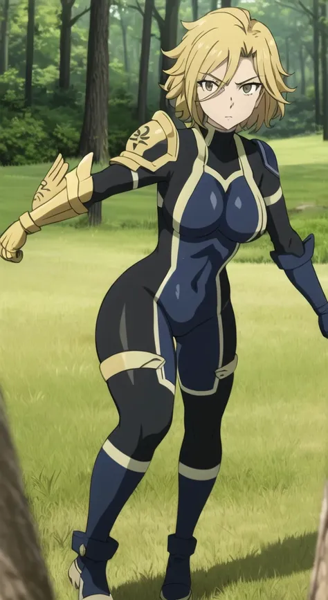 masterpiece, best quality, 1girl, solo  dimaria yesta, blue bodysuit, long sleeves, armor, single gauntlet, gloves, dynamic pose, looking at viewer, forest, field