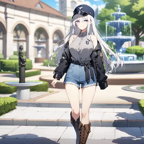 A woman wearing a casual gray shirt, sleeveless shirt, eagle symbol on the shirt, denim shorts, exposed thigh, leather boots, a jacket tied between the waist, navy blue cap, white hair, long hair, purple eyes, smiling, breasts large, walking on a sidewalk ...