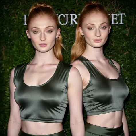 sophie turner in a grey shirt and a dark green tight sport shorts, high quality, photo realistic, blonde hair, very small low as...