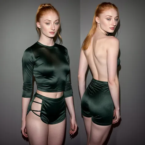 sophie turner in a grey shirt and a dark green tight sport shorts, high quality, photo realistic, blonde hair, very small low as...