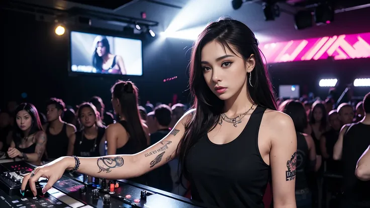 techno music, house music, dancing girls, DJ girl, realistic, high res, tank top, tattoos, piercing, brads, live music, class, Nightclub DJ, Dancing Inspired, Looking at Camera, Wide shooting, cinema lens, skin glowing,