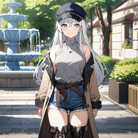 A woman wearing a casual gray shirt, sleeveless shirt, eagle symbol on the shirt, denim shorts, exposed thigh, leather boots, a jacket tied between the waist, navy blue cap, white hair, long hair, purple eyes, smiling, breasts large, walking on a sidewalk ...