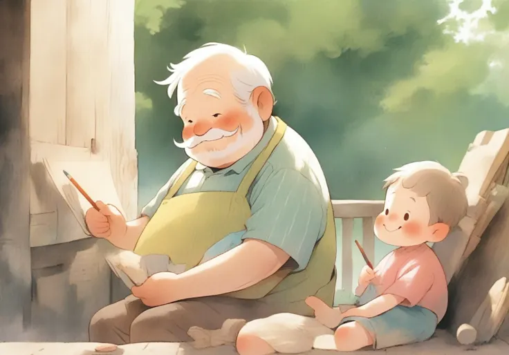 children's picture books,crayon paintings, blushes, 1 old man, fat, side view