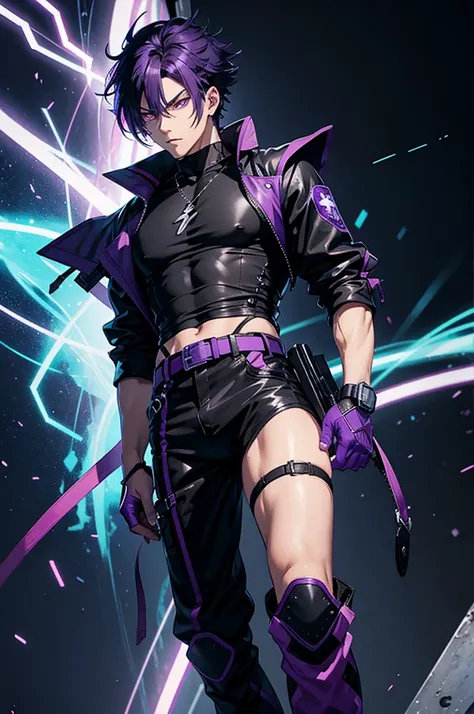 anime protagonist, de corpo inteiro, purple hair, cold stare, purple eye with neon purple glow, half slanted eye, cold expression, big male hair, black hair with purple tips, character wearing black t-shirt, leather-like pants, using 2 belts, one on each s...