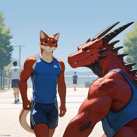 Duo, Score_9, score_8_up, an anthro dragon male, tall, athletic body, black and red dragon male, (black and red scaley body):1.3, black dragon, red eyes, he is wearing a blue sports shirt and shorts, walking, looking to his left at other character, he is w...