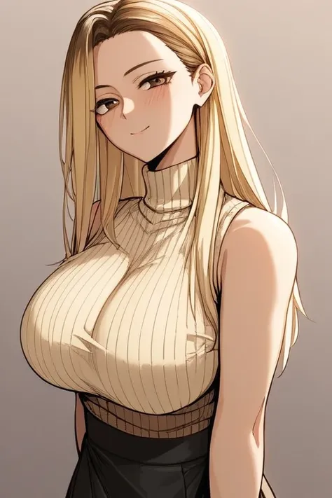 score_9, score_8_superior, score_7_superior, hi、he, brown eyes, blonde, multicolored hair, long hair,round neck ,beige sleeveles...