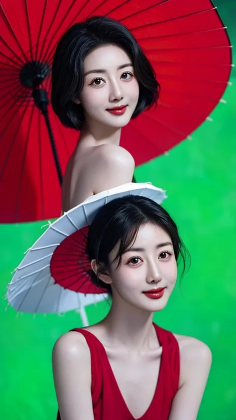 red chinese dress, 1 girl, solitary, black hair, short hair, upper body, smile, parasol, mature female,