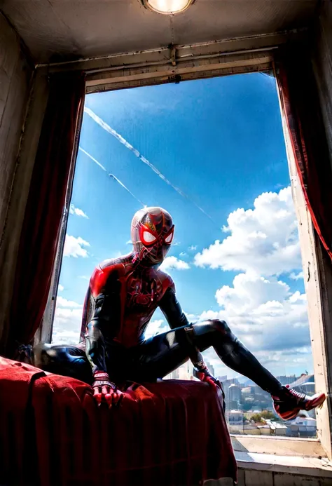 teenager dressed as spider man miles morales , playing mobile game, view from a little further away rio grande do sul pampas , n...