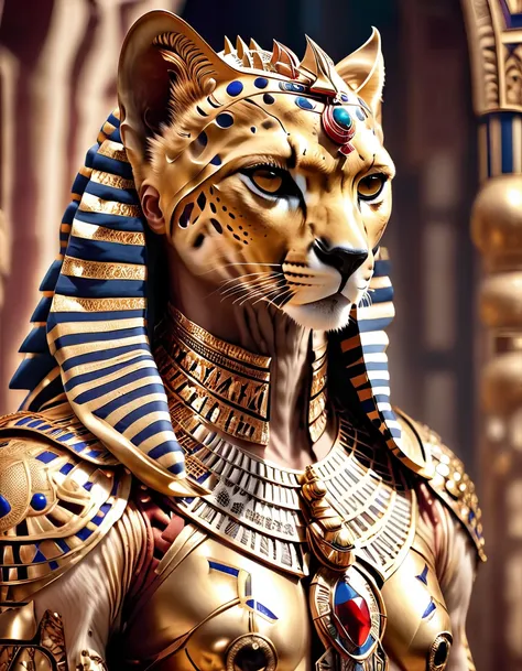 general shot whole body, ((pay attention, a pharaoh cheetah dressed as a pharaoh, human mitas:1.5)), 2 chitas abanicando al chit...