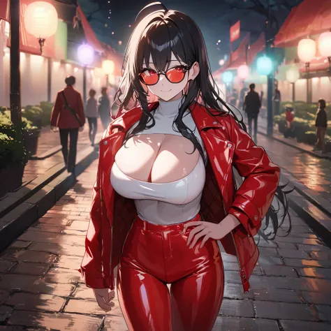 a woman wearing red long sleeve jacket, red jacket, glossy leather jacket, black hair, Ahoge, long hair, red eyes, big breasts, glossy red leather pants, wearing red sunglasses, smiling, walking on a concrete sidewalk in a park at night, lit up..UHD , prim...