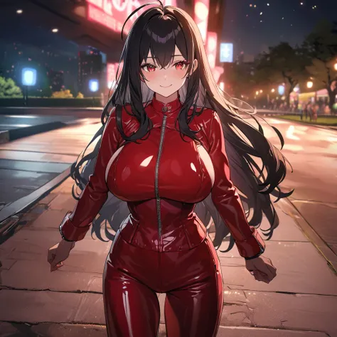 a woman wearing red long sleeve jacket, red jacket, glossy leather jacket, black hair, Ahoge, long hair, red eyes, big breasts, glossy red leather pants, wearing red sunglasses, smiling, walking on a concrete sidewalk in a park at night, lit up..UHD , prim...