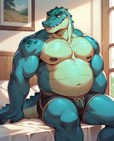 Male, anthropomorphic, alligator, yellow eyes, chubby, shirtless, bedroom setting, sinister look