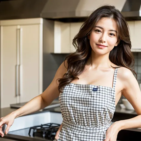 Beautiful mature woman with wavy long hair, Sexy Mature, Naked with a checkered apron, Ultra-high resolution,(Realistic:1.4), ((Highest quality)), ((masterpiece)), (be familiar with),