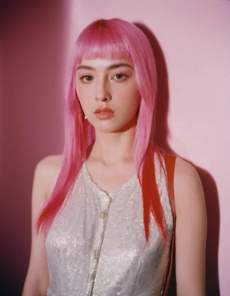 a woman with long pink hair, standing in front of a wall with a light shining on her face, photography of todd hido, dramatic light 8 0 mm camera, todd hido, shot on large format film camera, medium format. soft light, todd hido photography, studio medium ...