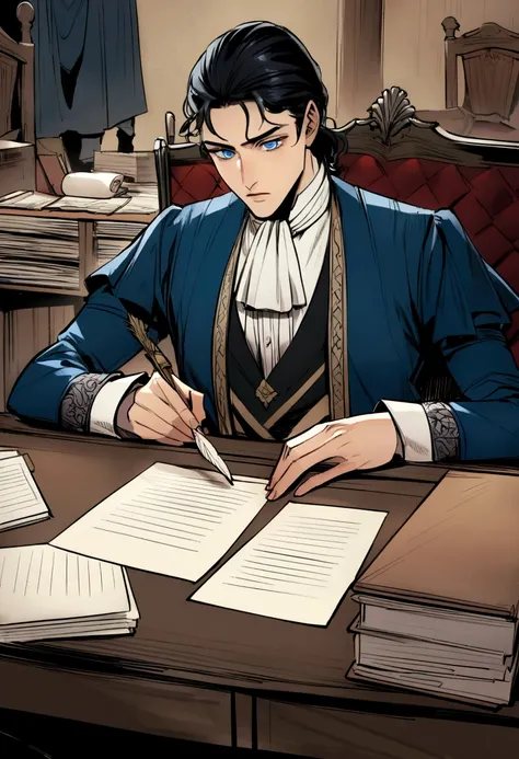 A meticulously organized desk with documents and a quill pen, while a 17 year old boy writes a letter,Game of Thrones,boy is tall and has short black hair, blue colored eyes, dark expression, usa pretoe dourado, famously portrayed by Charles Dance, mascle