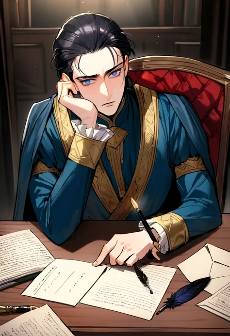 A meticulously organized desk with documents and a quill pen, while a 17 year old boy writes a letter,Game of Thrones,boy is tall and has short black hair, blue colored eyes, dark expression, usa pretoe dourado, famously portrayed by Charles Dance, mascle