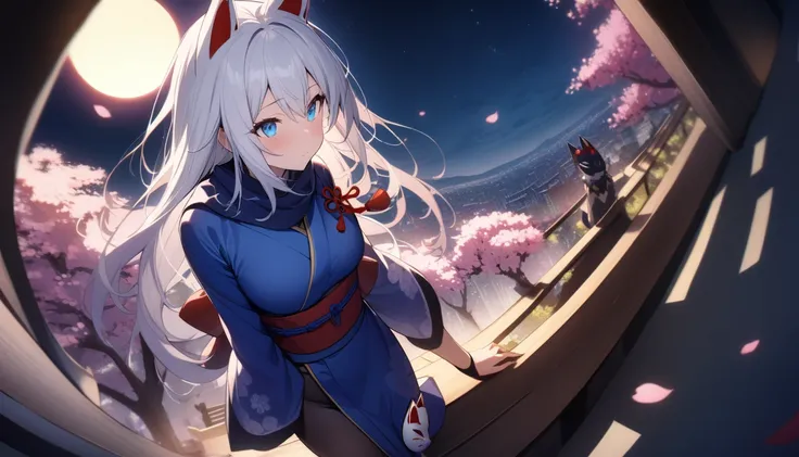 (masterpiece, best quality:1.2), 1girl, 独奏,Wolf girl, fox mask, ninja, girl, long white hair, odd eyes, blue kimono, ninja girl, red and blue scarf,Dancing Cherry Blossoms,Full moon backlighting, light coming in, fantastic atmosphere.night、Shadows of light...