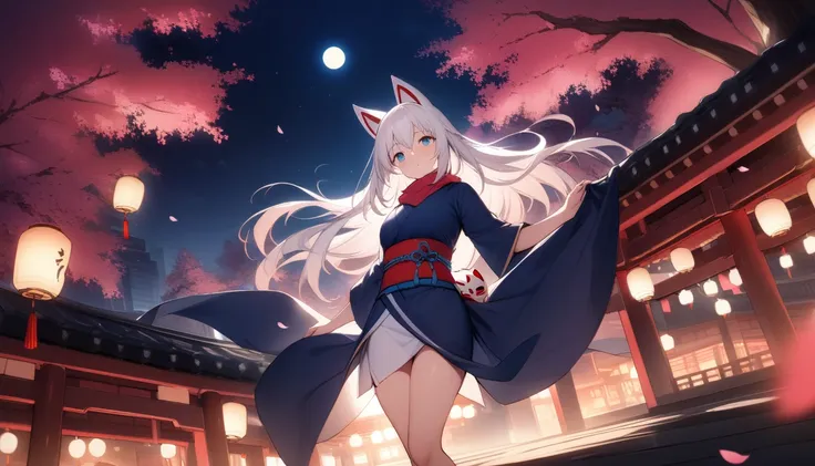 (masterpiece, best quality:1.2), 1girl, 独奏,wolf girl, fox mask, ninja, girl, long white hair, odd eyes, blue kimono, ninja girl,...