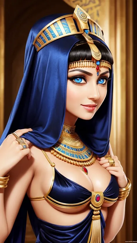 Cleopatra from Egypt blue eyes evil face she is beautiful she has big breasts Egyptian outfits on her face white skin rosy nose short black hair hand on mouth sexy looks desudor perfect smile caressing with rings and holding grapes