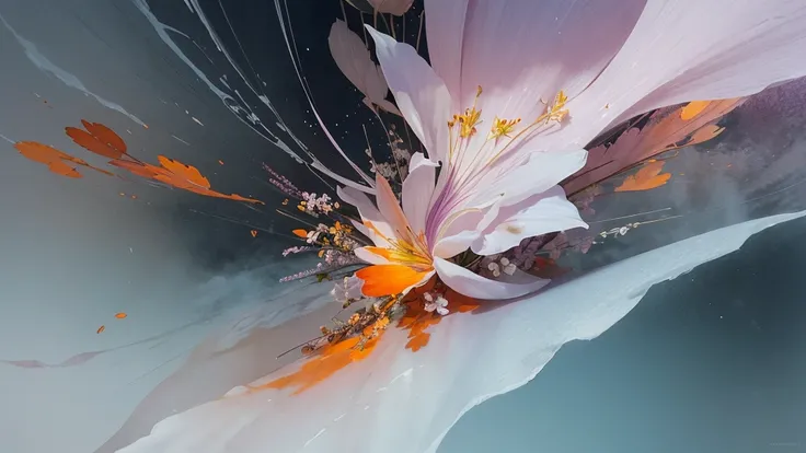 32k, Masterpiece, Highest quality, One girl, Detailed eyes, flower,Alstroemeria, White and orange style,A dreamy, romantic piece,Pale purple, Mysterious Leaves,A playful arrangement,Fantasy,High Contrast,Ink strokes,explosion,Exposure, Impression of white ...