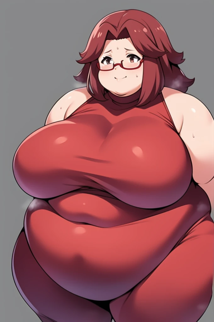 Anime Women, Lady、Forehead、Afro、Curly hair、Glasses、Brown eyes、Are fat、Chubby、Voluptuous、obesity、Double chin、Cheek、Fat-covered neck、Big Breasts、Saggy breasts、Thick upper arms、Fat Belly、Maroon Unitard、Bodysuit、Gloss、Sweat、Embarrassed