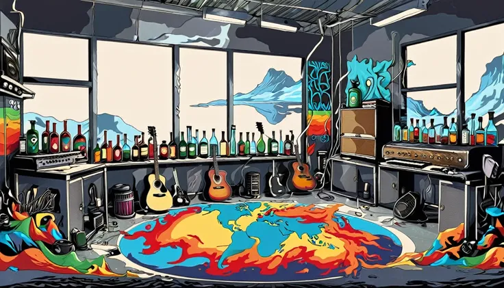 Masterpiece; Guitars and drums in a small science lab(((several science bottles around the room))); World map on the wall. sciencie complete with speakers and glass flasks of chemistry, embody the resilience and tenacity of the scientific community, infuse...