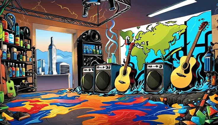 Masterpiece; Guitars and drums in a small science lab(((several science bottles around the room))); World map on the wall. sciencie complete with speakers and glass flasks of chemistry, embody the resilience and tenacity of the scientific community, infuse...