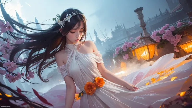 32k, Masterpiece, Highest quality, One girl, Detailed eyes, flower,Alstroemeria, White and orange style,A dreamy, romantic piece,Pale purple, Mysterious Leaves,A playful arrangement,Fantasy,High Contrast,Ink strokes,explosion,Exposure, Impression of white ...