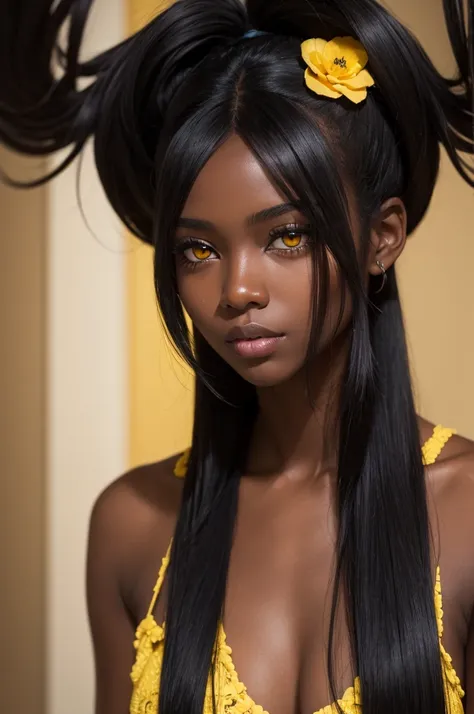 Woman, darkskin, full black hair, yellow  eyes 