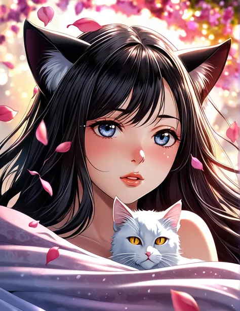 (Harem Manga style:1.2) , Hallucination, daydream , nightmare , Insane Dream , bokeh , erotica , romance ,  girl and realistic cat , Petals fluttering down , (Single eyelids, round nose, swollen cheeks) , glossy lips , Collarbone , Hair blowing in the wind...