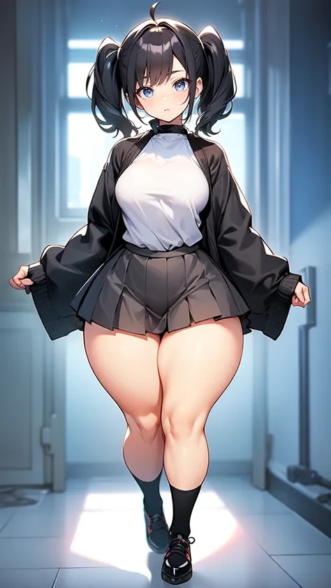 blank background, (((full body))), (masterpiece), ((best quality)), (very short girl), flat chest, short twintail, (wide hips:1.4), (thick thighs:1.4), (very short skirt), toeless footwear