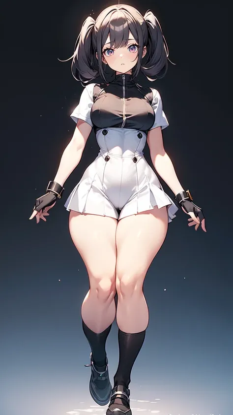 blank background, (((full body))), (masterpiece), ((best quality)), (very short girl), flat chest, short twintail, (wide hips:1.4), (thick thighs:1.4), (very short skirt), toeless footwear